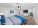 Virtually staged bedroom featuring a calming blue color scheme, plush bedding, TV, and modern decor at , Las Vegas, NV 89134