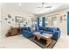 Stylish living room with a plush blue sofa, decorative accents, and bright, natural light at 163 Caraset Ln, Henderson, NV 89011
