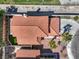 Aerial view of home with red tile roof, lush landscaping, concrete driveway, and proximity to sidewalks at 2501 Muirfield Ave, Henderson, NV 89074