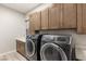 Convenient laundry room equipped with modern front-load washer and dryer units and ample storage cabinets at 38 Moonfire Dr, Las Vegas, NV 89135