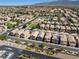 Expansive aerial view of a well-maintained neighborhood with community pool and mountain backdrop at 4351 Hera Temple Ave, North Las Vegas, NV 89031