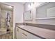 Bathroom featuring a vanity with double sinks, gray countertop, and a shower/tub combo at 6848 Groveview Ln, Las Vegas, NV 89103