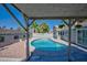 Backyard pool features an outdoor structure and lush landscaping at 6848 Groveview Ln, Las Vegas, NV 89103