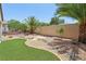 Backyard featuring artificial turf, desert landscaping, stone features, palms, and privacy wall at 2555 Moonlight Valley Ave, Henderson, NV 89044
