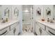Bright bathroom with marble floors featuring dual sinks and a glass shower at 709 Pickled Pepper Pl, Henderson, NV 89011