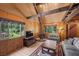 Comfortable living room featuring a wood-burning stove, natural light, and wood paneled walls at 4581 Aspen Ave, Mount Charleston, NV 89124