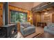 Cozy living room with wood paneled walls, a wood-burning stove, and comfortable seating at 4581 Aspen Ave, Mount Charleston, NV 89124