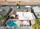 An aerial shot showcases the home's layout with a pool, patio and convenient access to nearby community amenities at 5005 Harmony Ave, Las Vegas, NV 89107