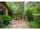 Backyard features a gravel and stone pathway surrounded by lush trees, and plants at 15 Emerald Dunes Cir, Henderson, NV 89052