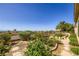 Backyard featuring lush landscaping, rose bushes, and distant mountain views at 1637 Wellington Springs Ave, Henderson, NV 89052