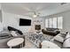 The living room is designed with a fireplace, a large TV, and lots of comfortable seating at 2496 Ram Crossing Way, Henderson, NV 89074