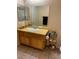 Well-lit bathroom featuring a sink with wooden cabinets and earthy-toned tile flooring at 9050 W Warm Springs Rd # 1092, Las Vegas, NV 89148