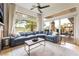 Bright living room featuring a large sofa, area rug, and view of the outdoor patio at 11 Knob Oak Dr, Henderson, NV 89052