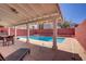 A backyard oasis with a swimming pool, patio, and relaxing outdoor furniture setup at 1428 Daybreak Dr, Las Vegas, NV 89108