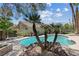 Backyard pool with a diving board, lush landscaping, and palm trees, offering a private and inviting outdoor space at 3361 Iberia St, Las Vegas, NV 89146