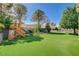 Expansive backyard featuring lush artificial turf, a wooden playset, and mature trees at 1266 Imperia Dr, Henderson, NV 89052