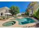 Backyard pool and spa with lounge chairs and umbrellas for relaxing at 1266 Imperia Dr, Henderson, NV 89052