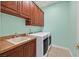 Laundry room with tile floors, upper cabinets, sink and countertops, with a washer and dryer at 156 N Parawan St, Henderson, NV 89015