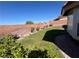 Private backyard with grass, desert landscaping and a brick wall at 416 Richgold St, Henderson, NV 89012