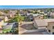 Aerial view of the home showcasing the pool and neighborhood's layout, green spaces, and residential properties at 4916 White Jade St, North Las Vegas, NV 89081