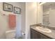 Compact bathroom featuring a granite countertop, modern sink, and framed artwork at 1120 Tektite Ave, Henderson, NV 89011