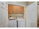 Well-organized laundry room with modern washer and dryer, complemented by overhead storage cabinets at 3307 Forestina Ct, Las Vegas, NV 89122