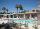 Expansive pool area surrounded by palm trees, covered seating, and mature landscaping at 7955 Canto Ave, Las Vegas, NV 89147