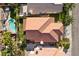 Aerial shot showcasing a home's roof, backyard with pool, and surrounding neighborhood, ideal for relaxation at 8083 Shadowvale Dr, Las Vegas, NV 89147