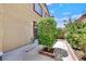 Enclosed patio with concrete flooring, greenery and brick trim at 690 Ambling Gait Ave, Henderson, NV 89015