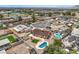 An aerial view of a home with a pool, a well-manicured lawn, and neighboring houses at 1004 Woodside Ct, Henderson, NV 89015