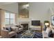 Bright living room with a fireplace, a high ceiling, and comfortable seating on a patterned blue rug at 6250 W Flamingo Rd # 88, Las Vegas, NV 89103