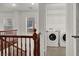 Upstairs laundry area with modern white washer and dryer units at 7814 Granite City Ct, Las Vegas, NV 89166