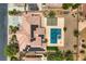 Modern house features a pool, solar panels, desert landscaping, and an outdoor living space from above at 8032 Audubon Canyon St, Las Vegas, NV 89131