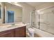 This bathroom features a vanity with a single sink and a shower at 1064 Calvia St, Las Vegas, NV 89138