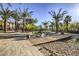 Paved path through a commercial center surrounded by manicured landscaping, palm trees and water feature at 1064 Calvia St, Las Vegas, NV 89138