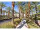 Street view with sidewalk lined with palm trees and manicured landscaping at 1064 Calvia St, Las Vegas, NV 89138