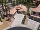 Aerial view of a home showcasing a terracotta tile roof and attached garages at 2102 Rhonda Ter, Henderson, NV 89074