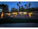 A beautiful backyard featuring professionally designed desert landscaping with small shrubs and many palm trees at 2102 Rhonda Ter, Henderson, NV 89074