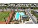 Aerial view of a community pool featuring a lap pool, recreational area, and sun umbrellas for relaxation at 2913 Monate Ct, Henderson, NV 89044