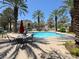 Beautiful community pool area featuring multiple seating areas and lush landscaping, all framed by towering palm trees at 5155 W Tropicana Ave # 2017, Las Vegas, NV 89103