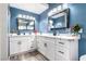 Modern bathroom with dual sinks, large mirrors, white cabinetry, and blue accent wall at 7135 Polaris Ave, Las Vegas, NV 89118