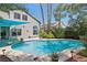Backyard featuring a refreshing blue pool, surrounded by palm trees and a home with a blue canopy at 3320 Indian Moon Dr, Las Vegas, NV 89129