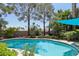 Backyard pool surrounded by lush greenery and shade trees, offering a serene outdoor retreat at 3320 Indian Moon Dr, Las Vegas, NV 89129