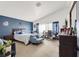 Cozy bedroom with a blue accent wall and high ceilings at 3389 Commendation Dr, Las Vegas, NV 89117