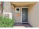Close up view of the front entry with a stone accent wall and gray front door at 9238 Bluemist Falls St, Las Vegas, NV 89123