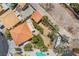 Aerial view of the backyard featuring lawn, desert landscaping, pool, and RV parking at 1403 Graystone Canyon Ave, Las Vegas, NV 89183