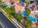An aerial view of a beautiful house featuring a private backyard pool and patio area at 1513 Ravanusa Dr, Henderson, NV 89052