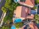 Stunning aerial view of a private backyard featuring a sparkling pool and lush landscaping at 1513 Ravanusa Dr, Henderson, NV 89052