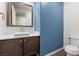 Powder room with modern vanity, large square bowl sink, and contrasting blue wall at 816 Stannard Ct, Henderson, NV 89052