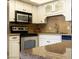 Close up of kitchen showing granite countertops and stainless steel microwave at 901 Sulphur Springs Ln # 101, Las Vegas, NV 89128